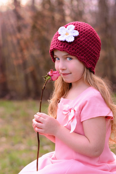 Red wine flapper beanie hat | 34 flower colors available