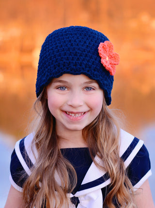 Navy blue flapper beanie hat | 40 flower colors available