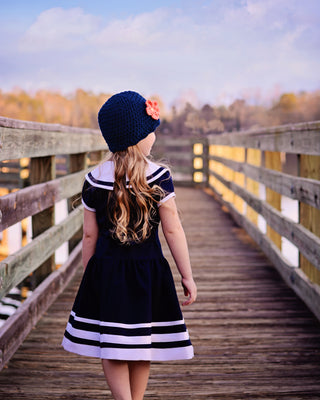 Navy blue flapper beanie hat | 40 flower colors available