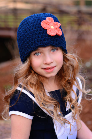 Navy blue flapper beanie hat | 40 flower colors available