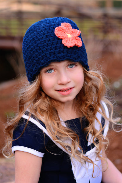 Navy blue flapper beanie hat | 34 flower colors available
