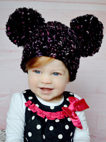 9 to 12 Month Black, Pink, & Black Pom Pom Hat by Two Seaside Babes