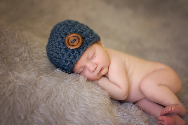 Denim blue button beanie baby hat