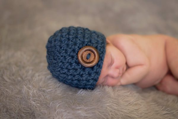 Denim blue button beanie baby hat