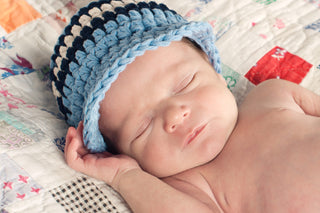 Newborn Light Blue, Navy Blue, & Ecru Striped Visor Beanie