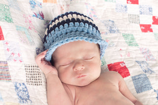 Newborn Light Blue, Navy Blue, & Ecru Striped Visor Beanie