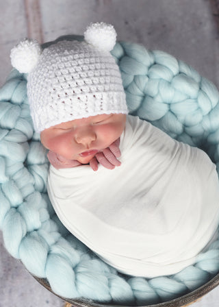 White mini pom pom hat - newborn, baby, toddler, child, adult sizes