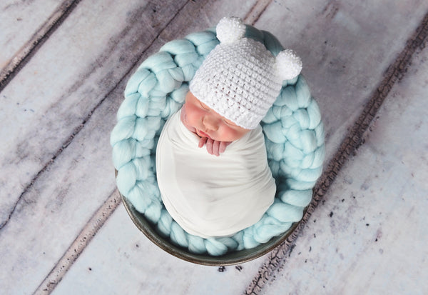 White mini pom pom hat - newborn, baby, toddler, child, adult sizes